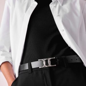 Black/Silver Tone Regular Statement Buckle Leather Belt