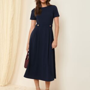Friends Like These Navy Tab Detail Short Sleeve Midi Tailored Dress