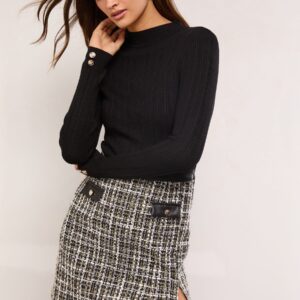 Lipsy Black Boucle Check 2-In-1 Crew Neck Long Sleeve Knitted Mini Dress