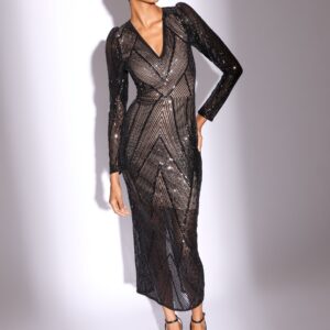 Lipsy Black Sequin V-Neck Puff Long Sleeve Midaxi Dress