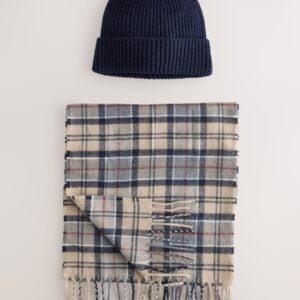 Navy Blue / Blue Check Scarf And Beanie Set