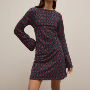 Navy Christmas Tree Bow Print Long Sleeve Dress