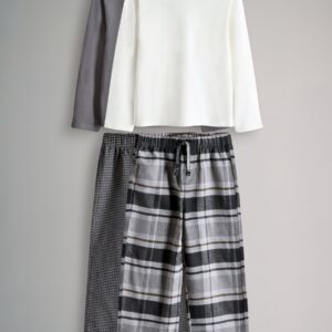 The Set 2 Pack Long Sleeve Cotton Jersey T-Shirt and Woven Bottom Pyjamas Set Grey Check/Black/Cream