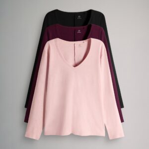 The Set 3 Pack 100% Cotton Slub Deep V-Neck Long Sleeve Tops Black/Berry/Pink