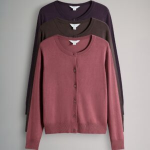 The Set 3 Pack Fine Knit Button Through Cardigans Plum/Dark Pink/Brown