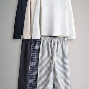 The Set 3 Pack Long Sleeve Cotton Jersey T-Shirt and Woven Bottom Pyjamas Set Navy Blue/Cream/Check