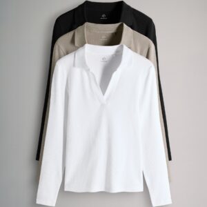 The Set 3 Pack Long Sleeve Ribbed Polo Shirts Black/White/Taupe
