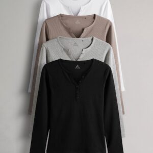 The Set 4 Pack Ribbed Henley Long Sleeve T-Shirts Black/White/Light Grey/Taupe Brown