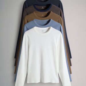The Set 5 Pack Ribbed Long Sleeve T-Shirts Cream/Navy/Light Blue/Brown/Stripe