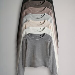 The Set 7 Pack Cotton Rib Long Sleeve Cropped T-Shirts Black/Brown/Grey Marl/Cream