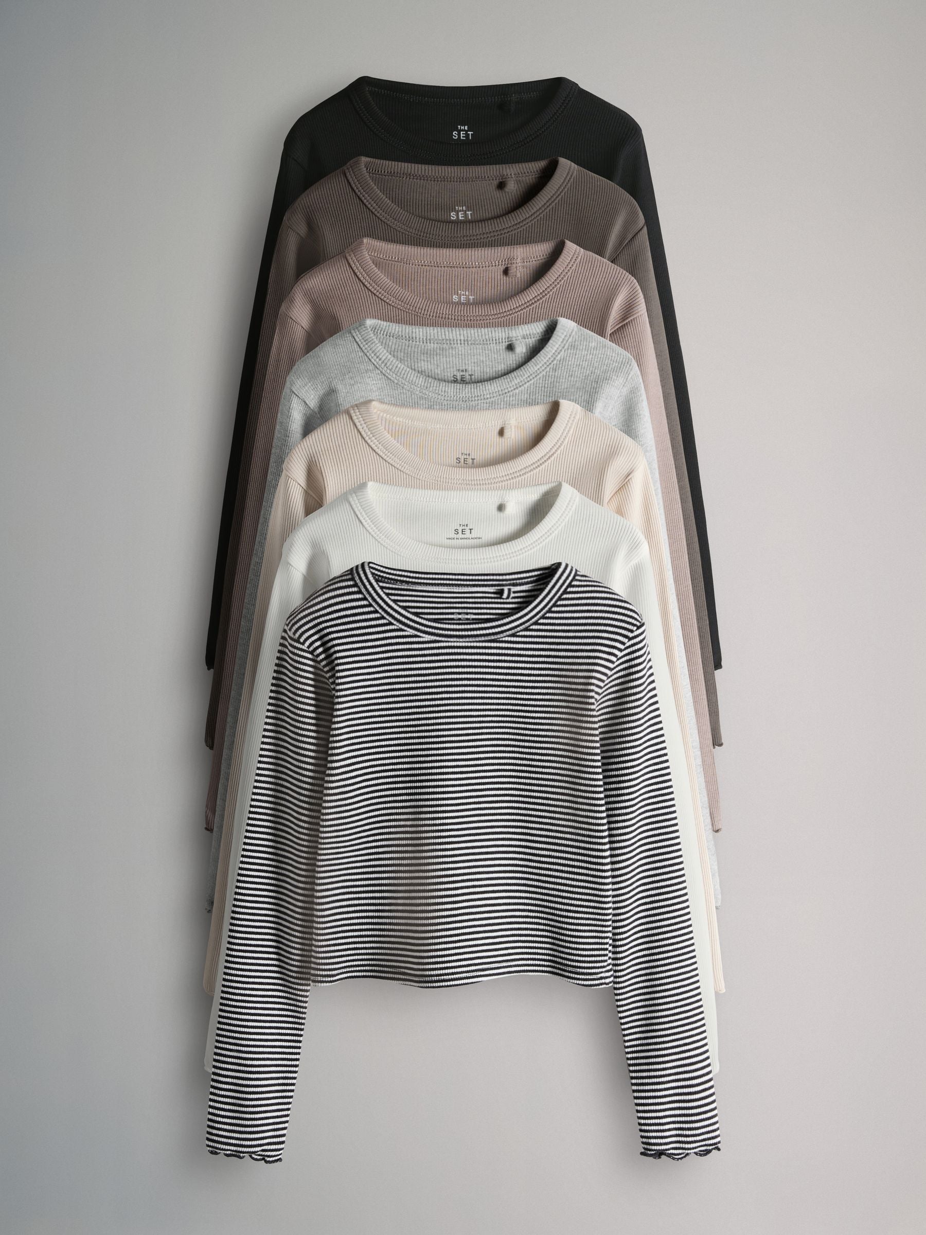 The Set 7 Pack Cotton Rib Long Sleeve Cropped T-Shirts Black/Brown/Grey Marl/Cream