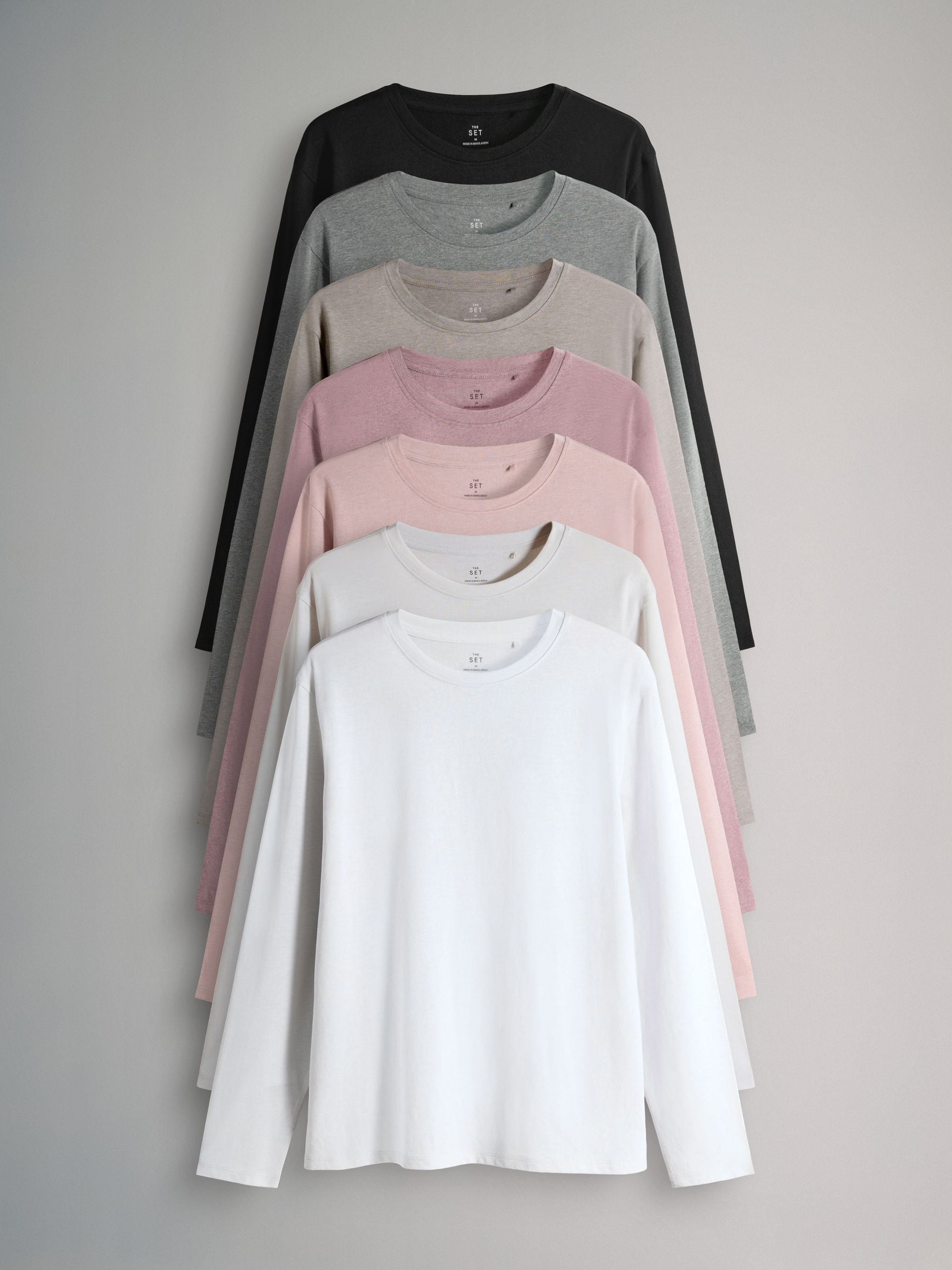 The Set 7 Pack Essential Long Sleeve T-Shirts Black/Brown/Taupe/Pink/Light Pink/Cream/White
